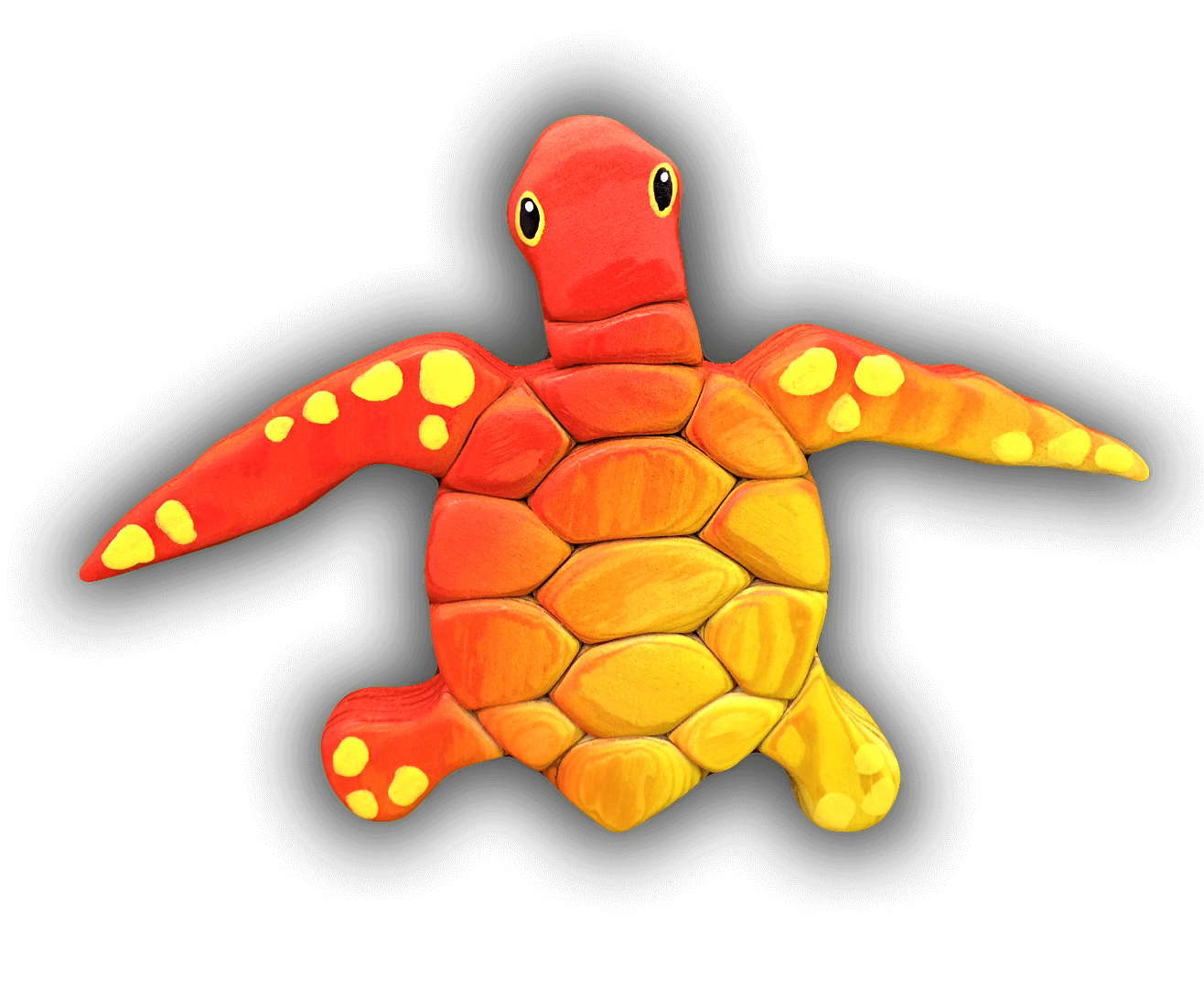 A red and yellow sea turtle with yellow spots on its shell