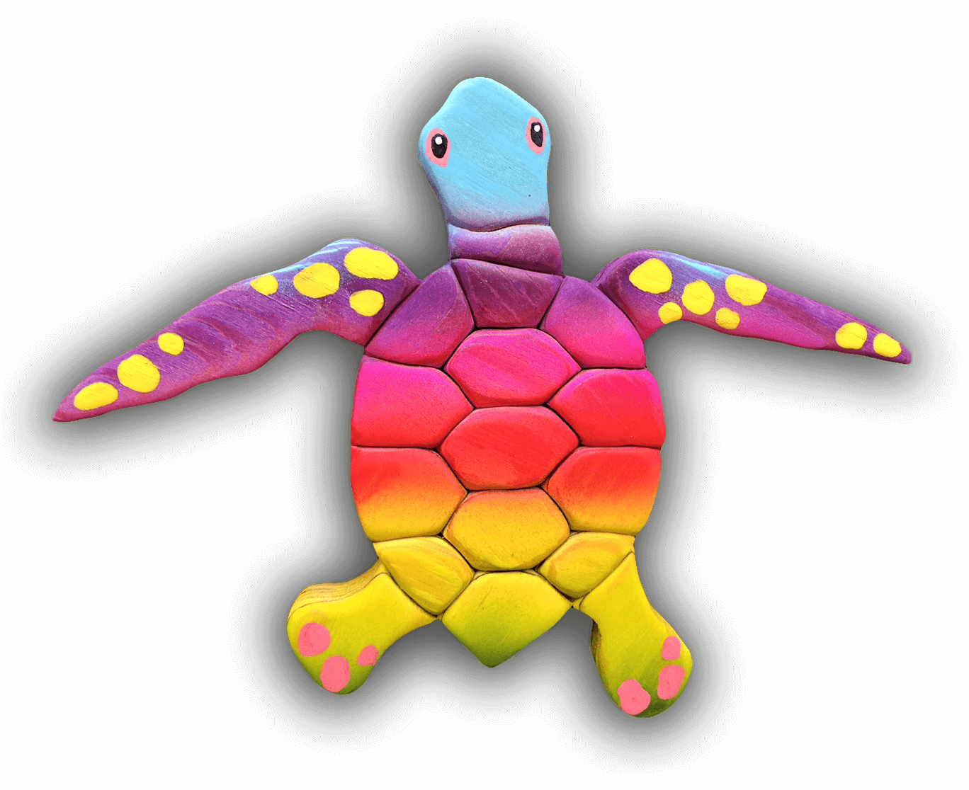 A rainbow colored sea turtle with a blue head