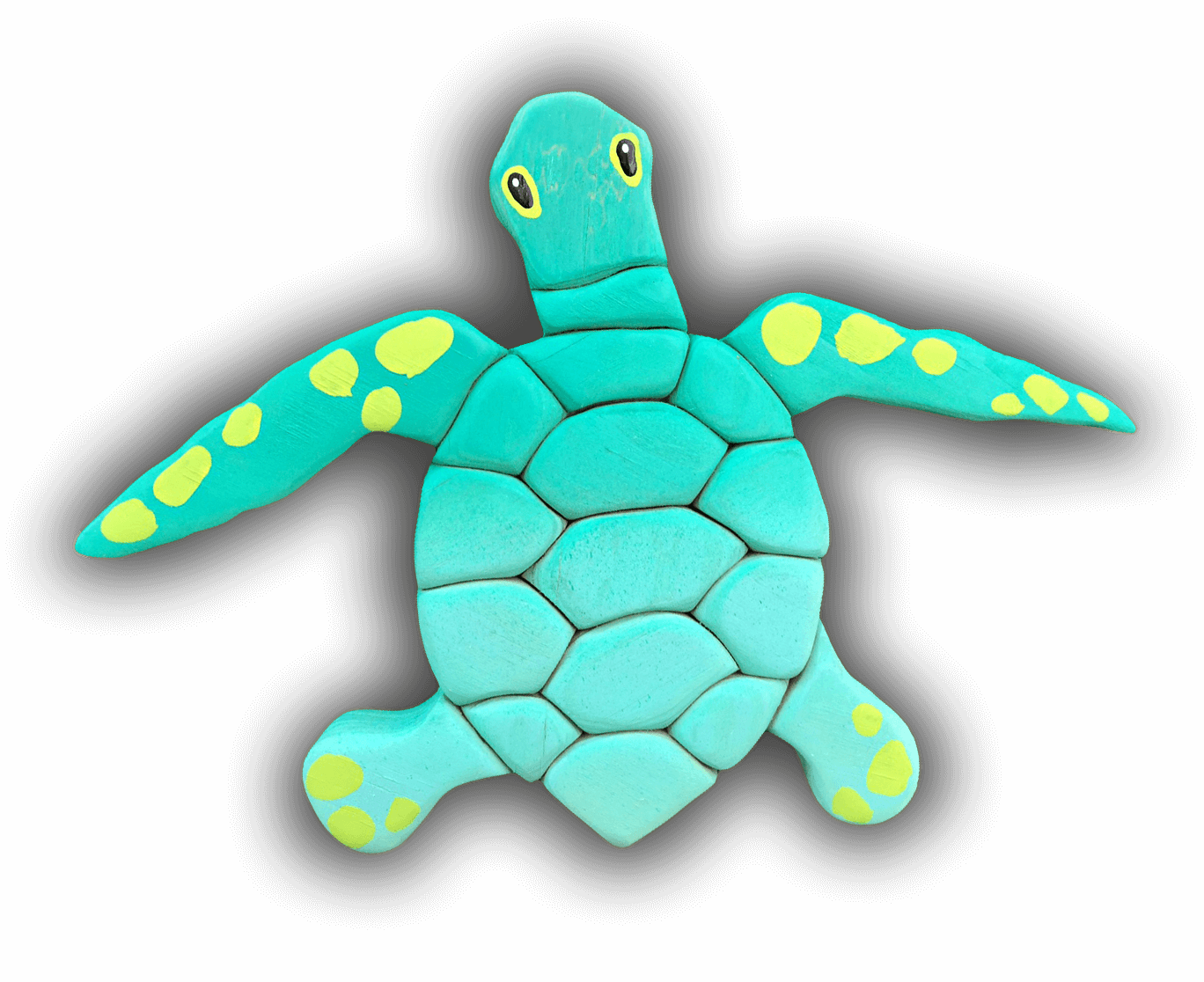 A blue sea turtle with yellow spots on its shell