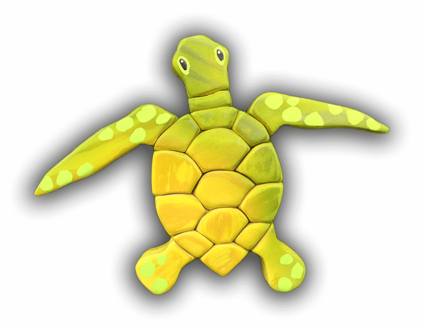 A green sea turtle with yellow spots on its shell