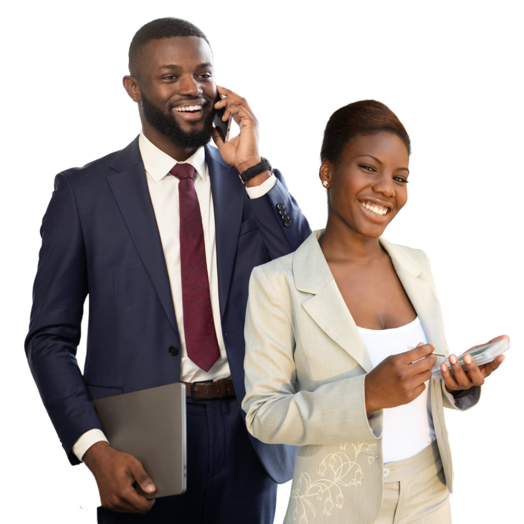 A man in a suit talking on a cell phone next to a woman holding a laptop