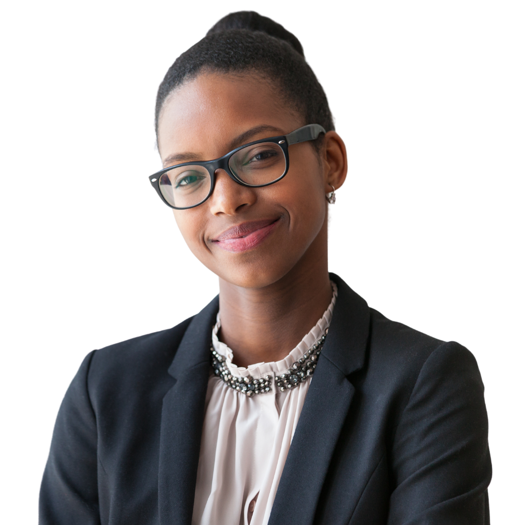 A woman wearing glasses and a black jacket smiles for the camera