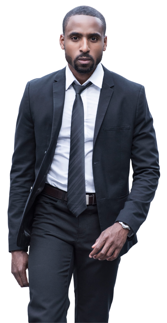 A man in a suit and tie is walking on a white background