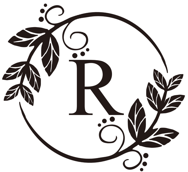 the letter r is in a circle with leaves around it .