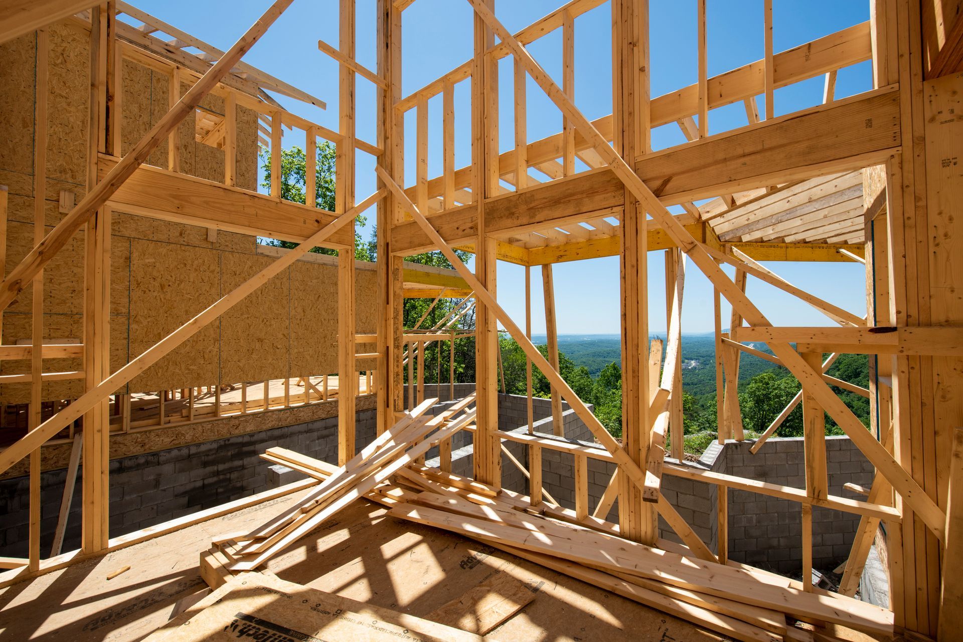 A house is being built with a lot of wood.