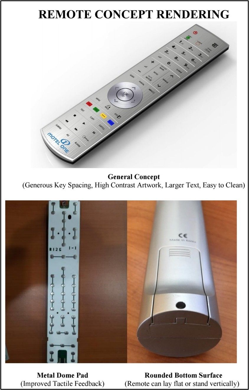 Remote concept rendering with metal dome pad and rounded bottom surface. Features a silver design with various buttons.