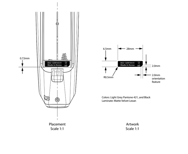 Diagram showing placement and dimensions of a label on a device; label text is 