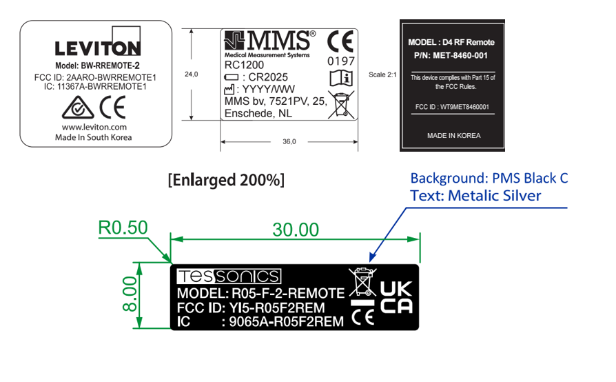Labels with product information, including Leviton, MMS, and TASSONICS, featuring dimensions and regulatory marks.