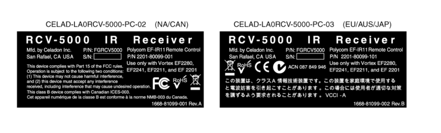 Two black labels for the RCV-5000 IR Receiver with text, icons, and logos. One label is for NA/CAN, the other for EU/AUS/JPN.