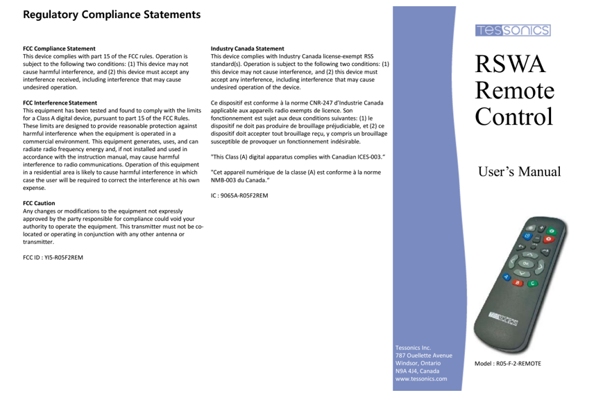 User's manual with remote control image; text on compliance statements, RSWA Remote Control.