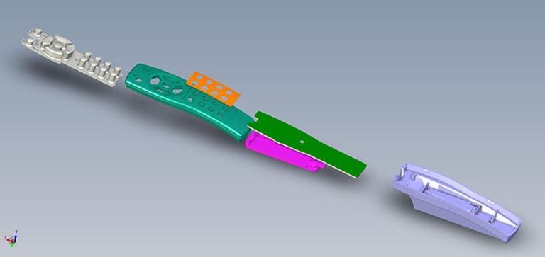 Exploded view of a device with several colored components arranged on a gray background.