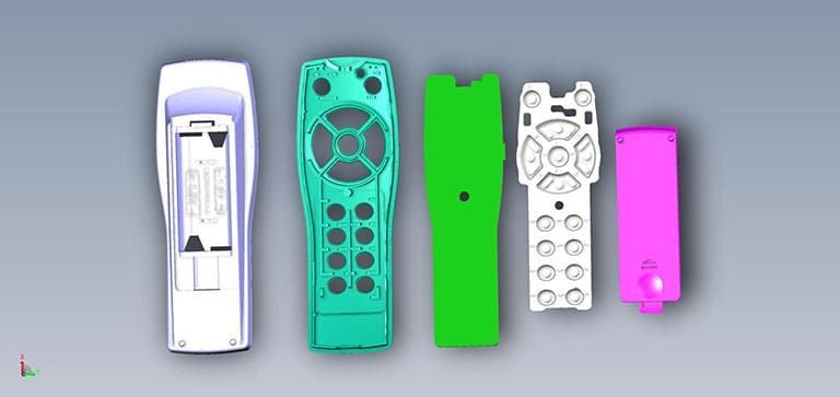 Exploded view of a remote control, showing the components. Includes colored plastic pieces: white, green, and pink.