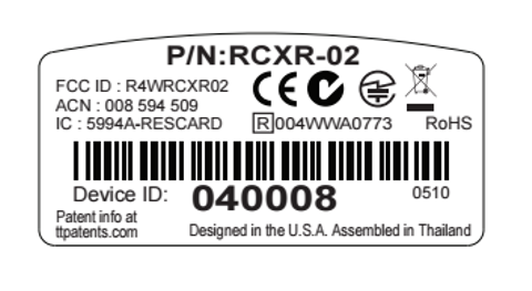 Label with product information: Part number, FCC ID, IC, barcode, and manufacturing details.