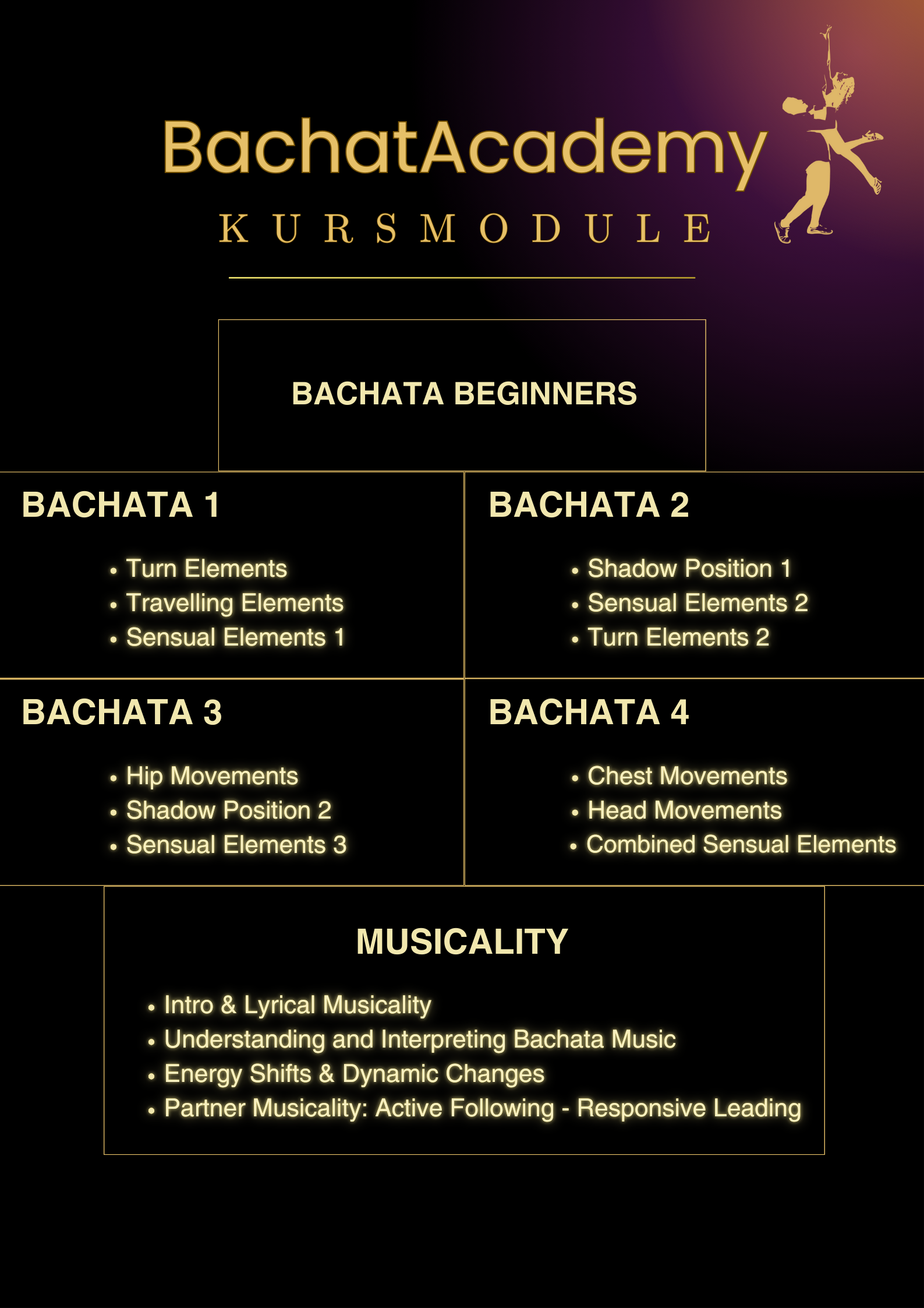 A poster for bachata academy shows the levels of bachata