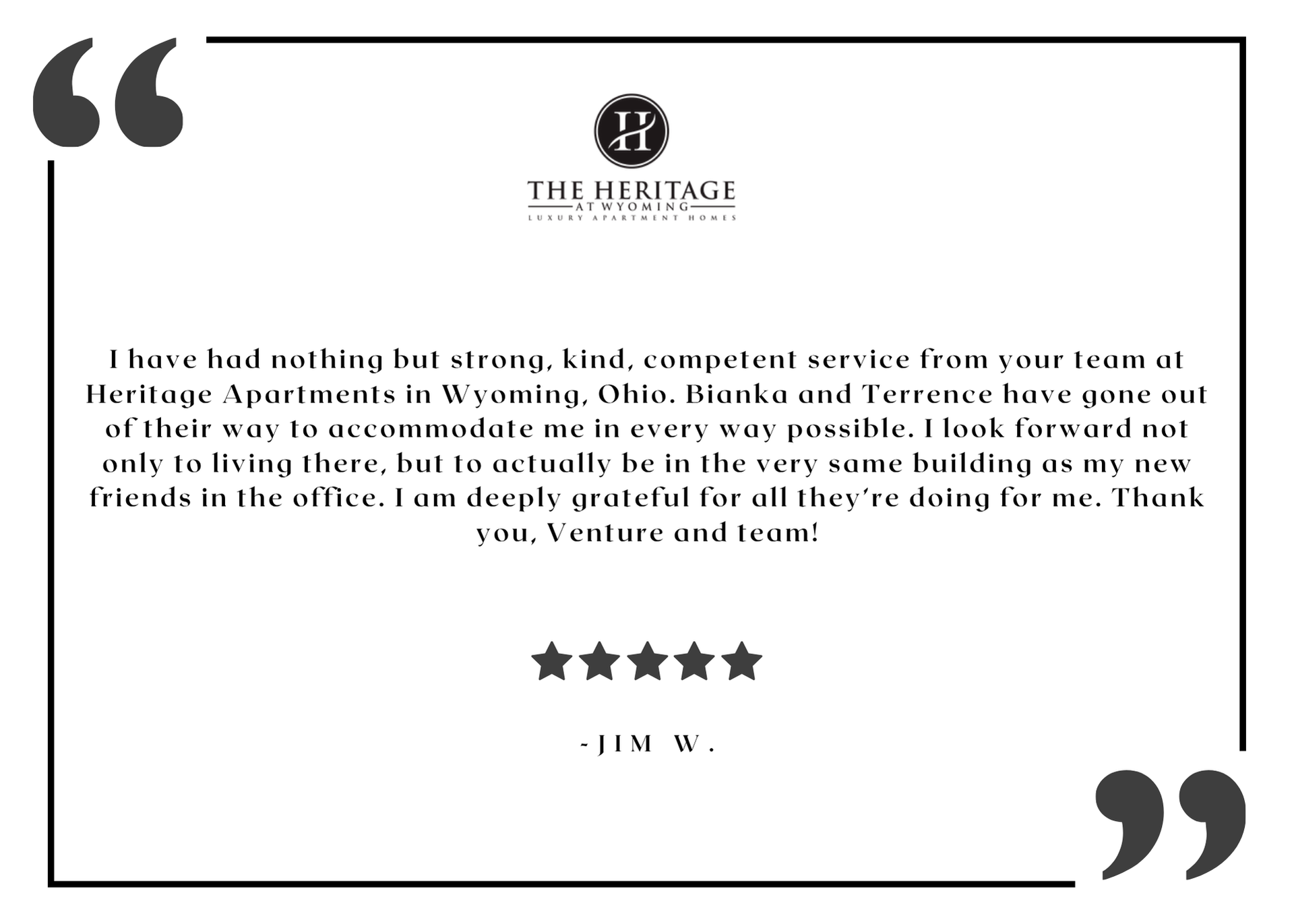 Testimonial for Heritage Apartments: A customer praises the service and staff, especially Bianca and Terence, with five-star rating.