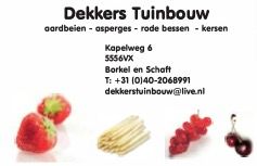 A business card for dekkers tuinbouw shows strawberries , grapes , and cherries.