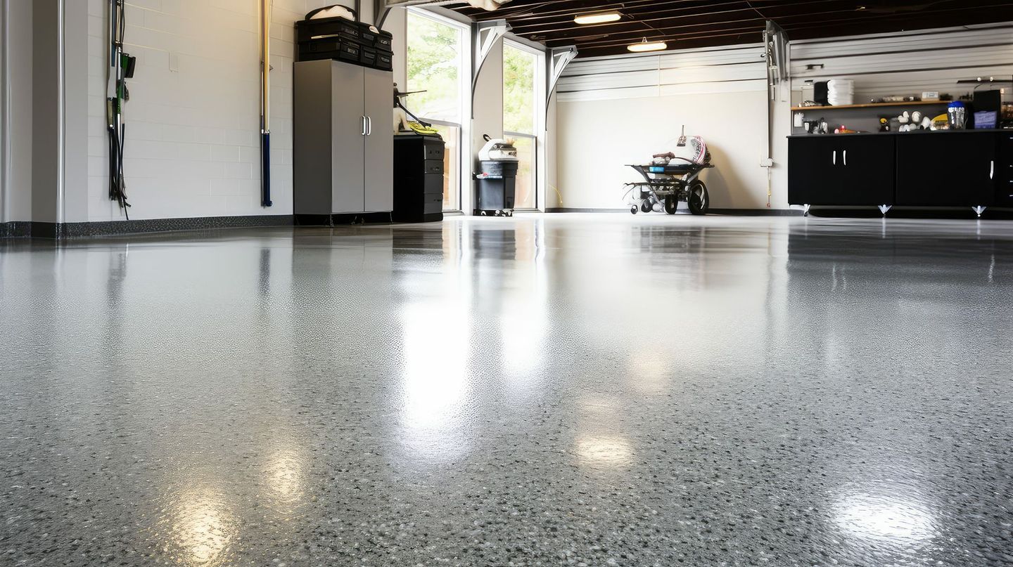 A garage with a shiny floor and a door open.