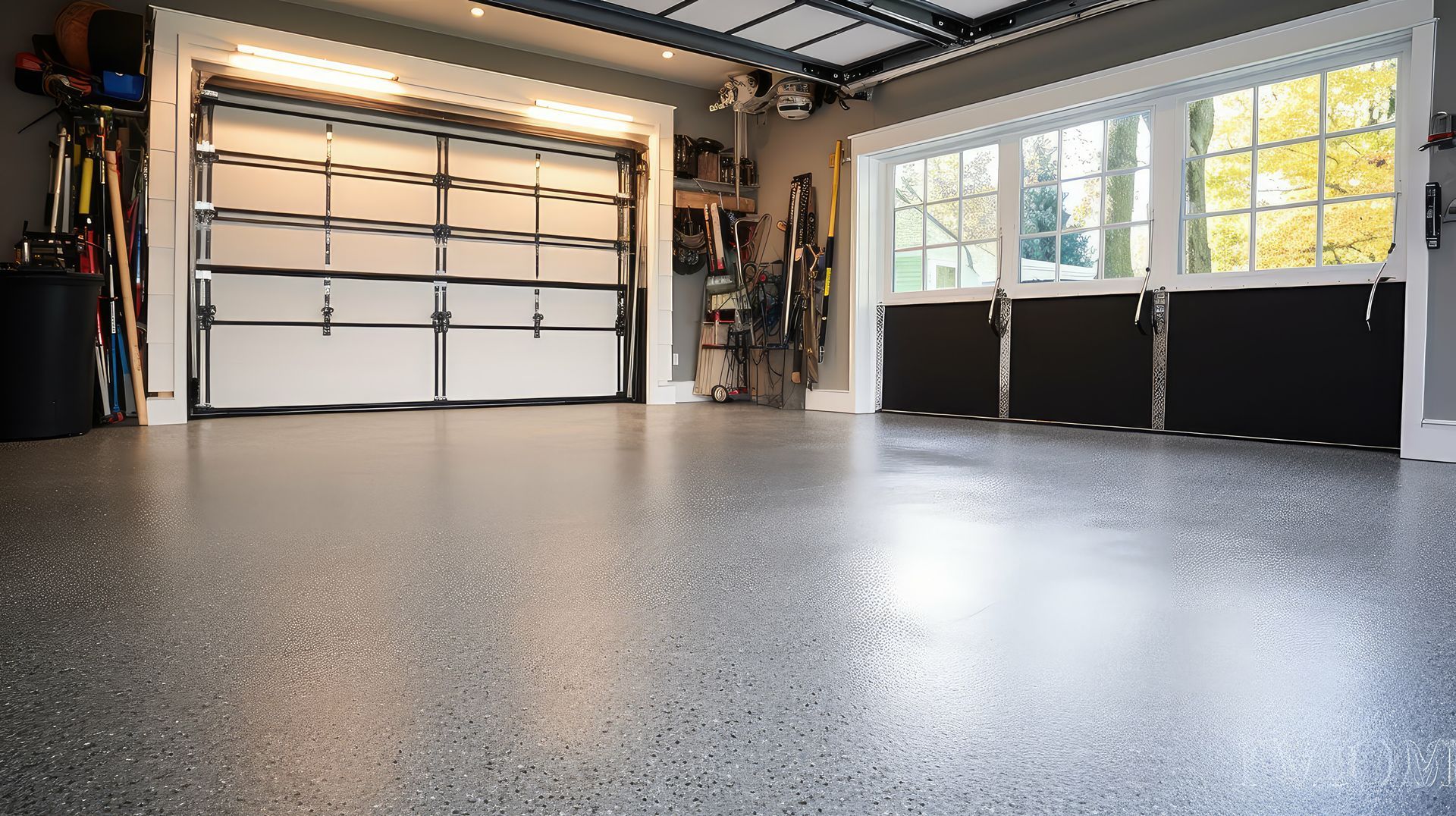 A garage with a garage door open and a gray floor.