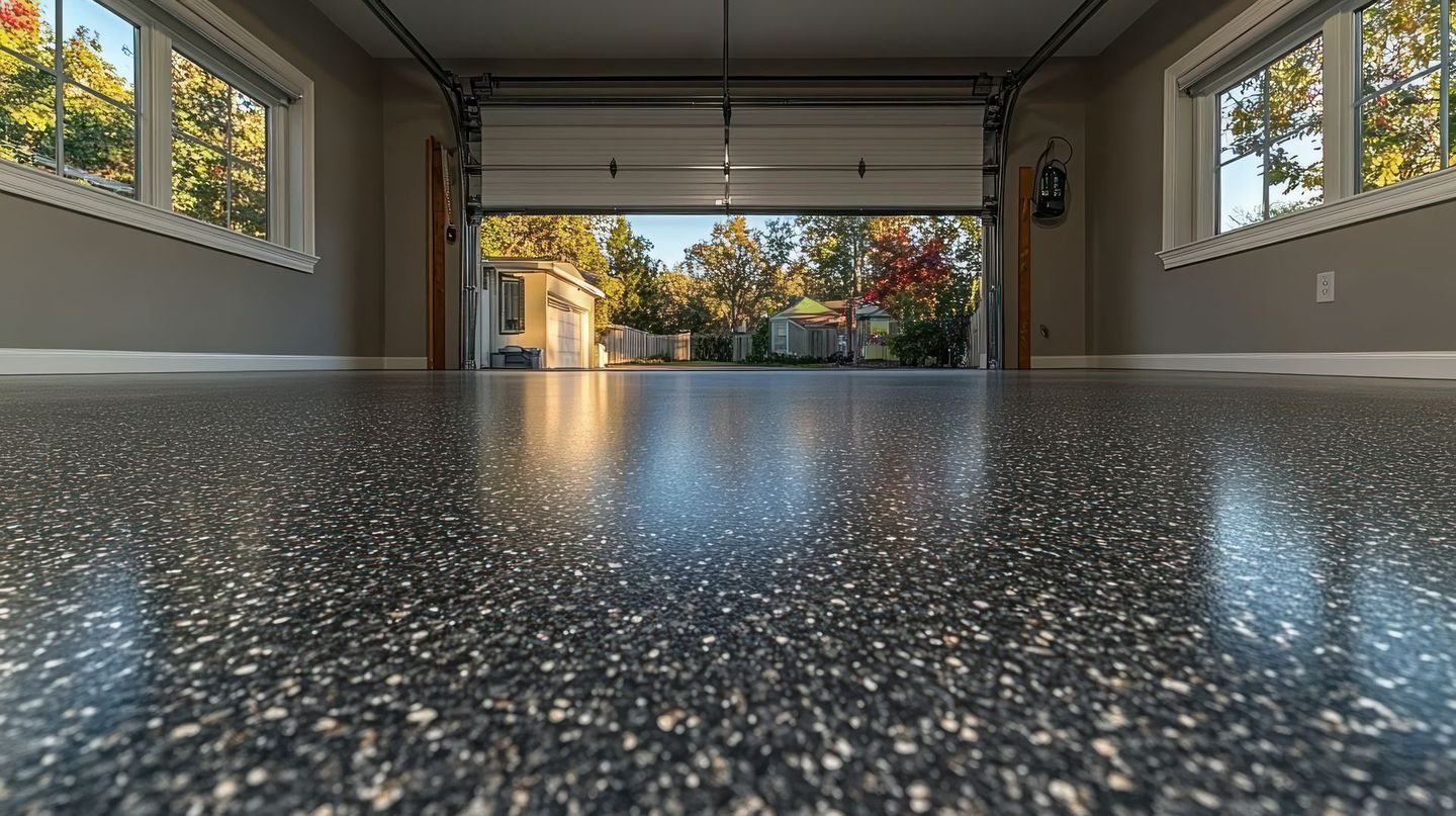 A garage with a concrete floor and a garage door open.