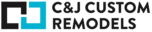 Logo for C&J Custom Remodels with a black and teal square design. Text reads 