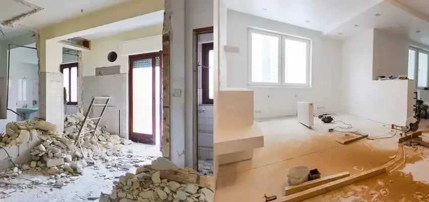 A side-by-side comparison of a home interior renovation, showing a demolished room filled with debris next to a cleaned area.