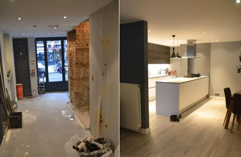 A side-by-side comparison of a kitchen renovation, showing a room under construction on the left and finished on the right.