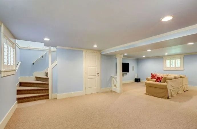 A finished basement with carpet, stairs, a couch, and a TV on a pale blue wall.