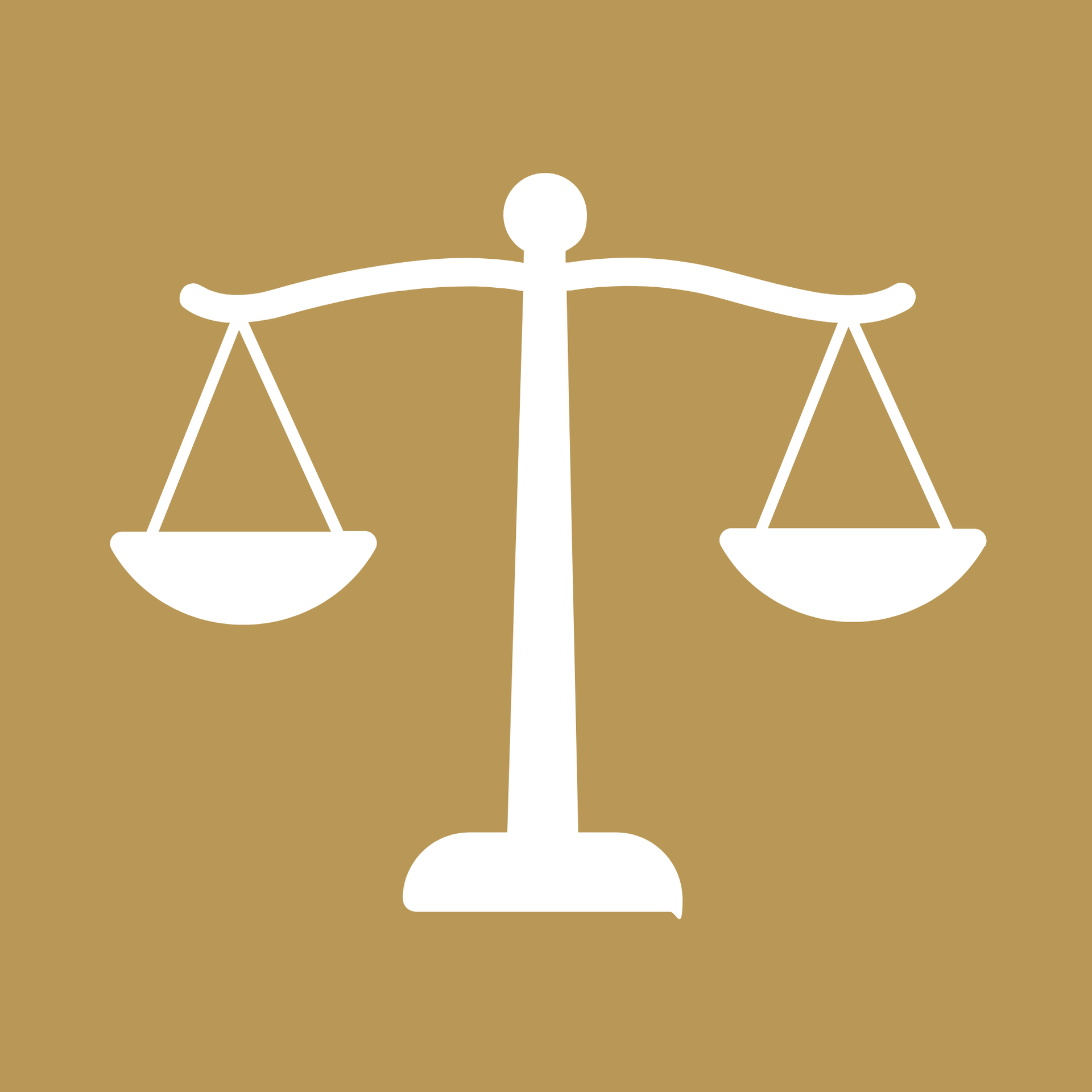 A white icon of a balanced scale of justice centered on a solid tan background.
