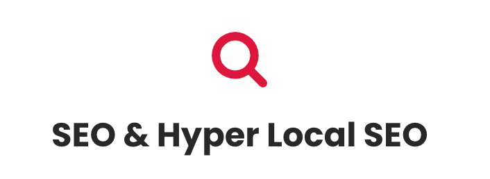 A logo for seo and hyper local seo with a magnifying glass