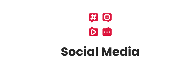 A logo for social media with red icons on a white background.