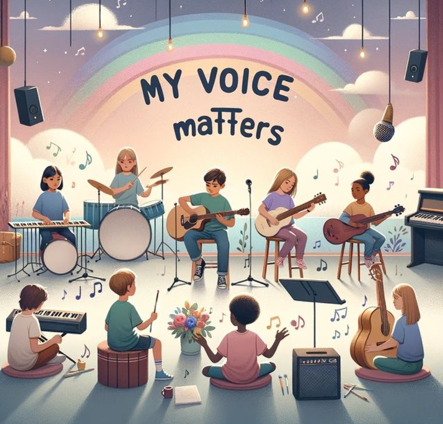 An illustration of a group of people playing musical instruments with the words my voice matters