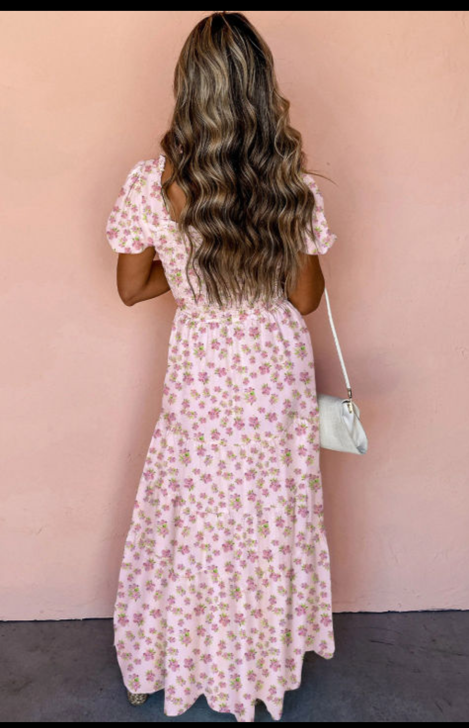 PINK FRILLY SHIRRED BODICE TIERED FLORAL MAXI DRESS