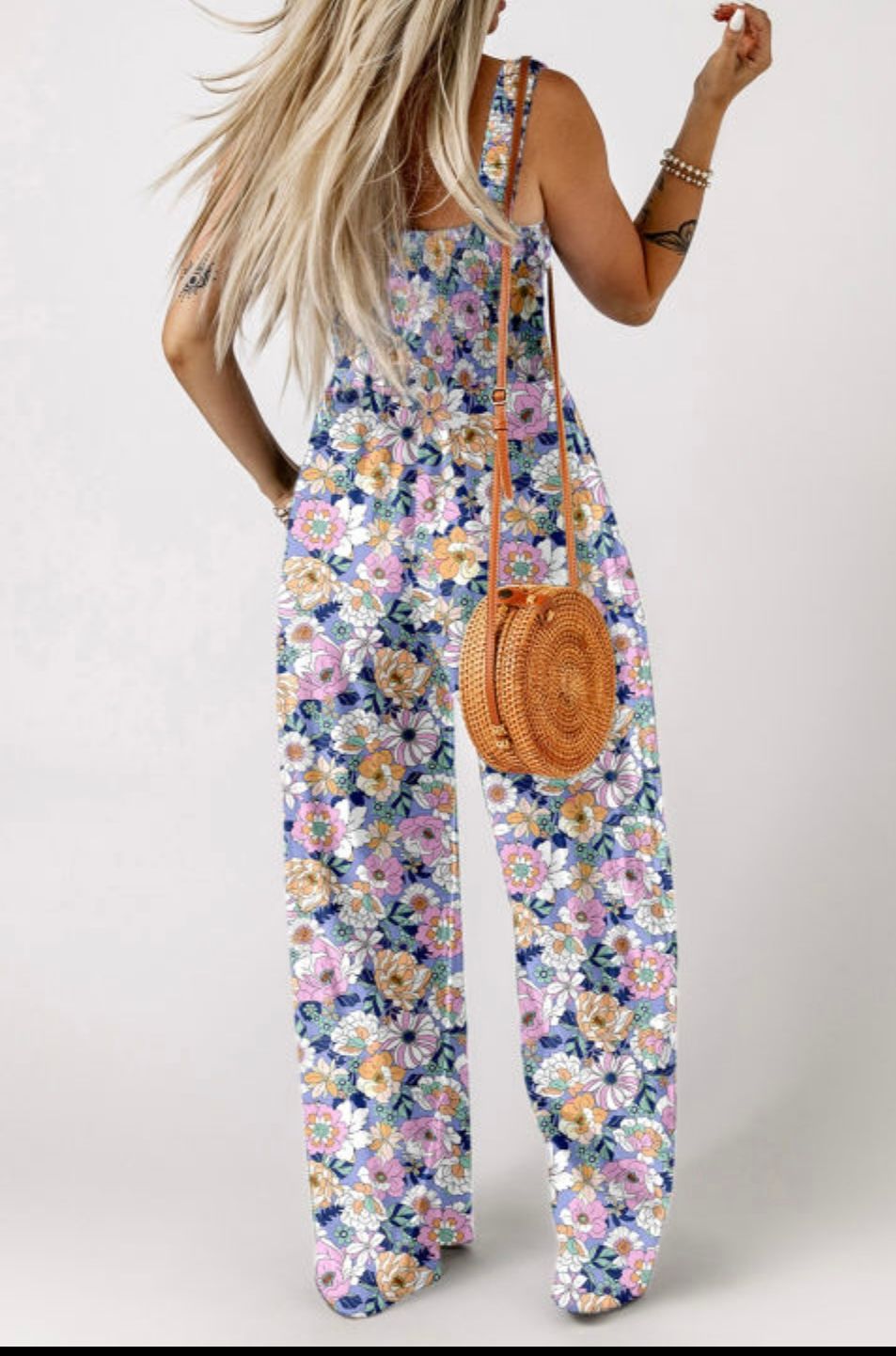 PURPLE FLORAL PRINT SQUARE NECK JUMPSUIT
