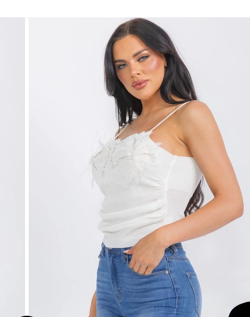 SLEEVELESS RUSHED STUDS DETAILED TANK TOP-WHITE