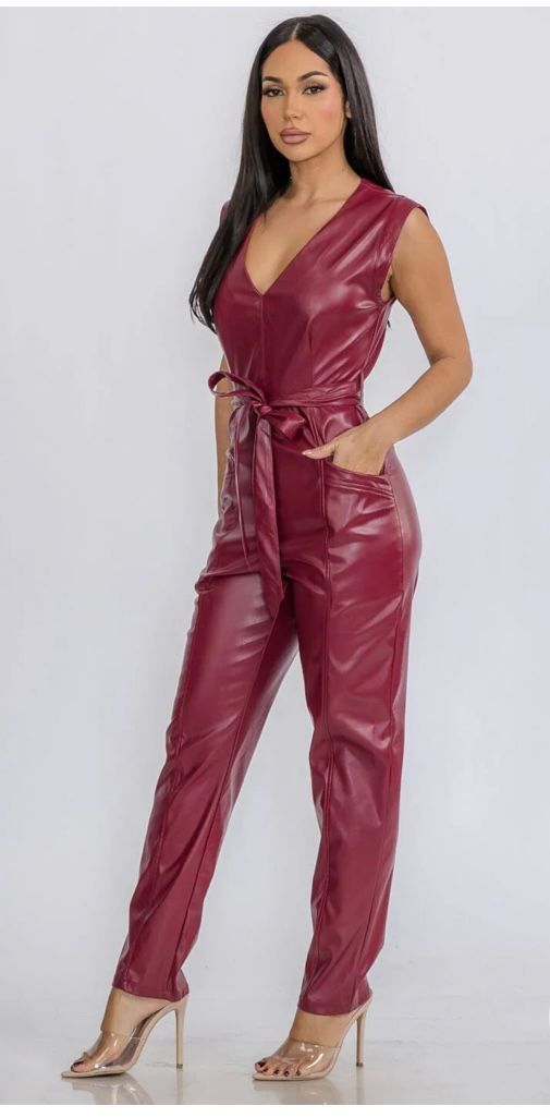 BURGUNDY FAUX LEATHER JUMPSUIT WITH TIE WAIST