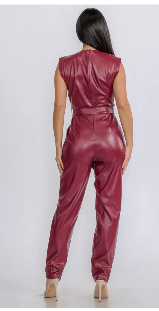 BURGUNDY FAUX LEATHER JUMPSUIT WITH TIE WAIST