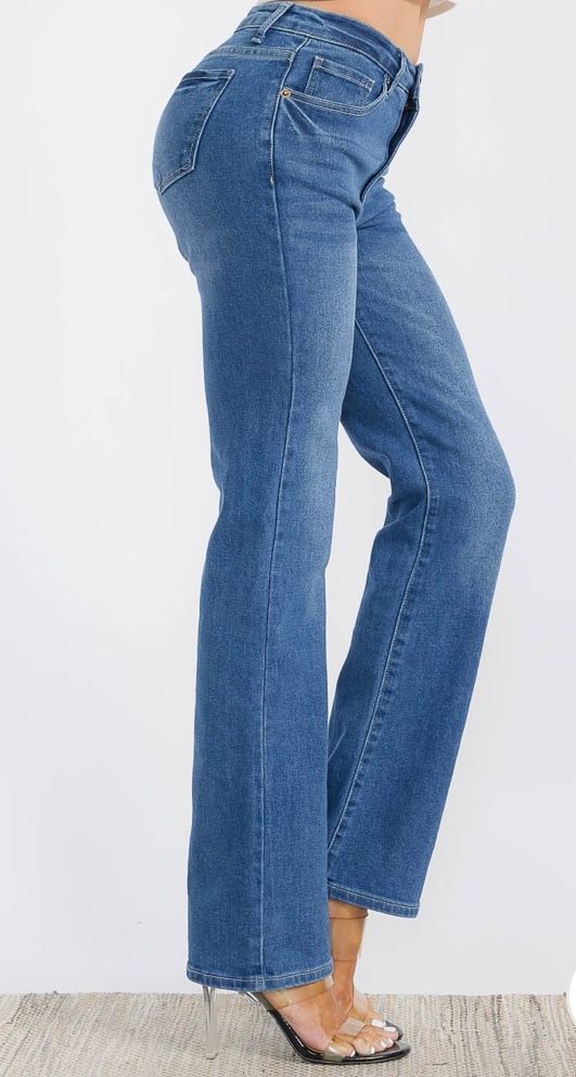 BUTTON CLOSURE STRETCH WASHED DENIM WIDE LEG PANTS