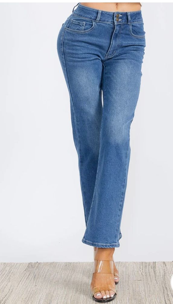 BUTTON CLOSURE STRETCH WASHED DENIM WIDE LEG PANTS