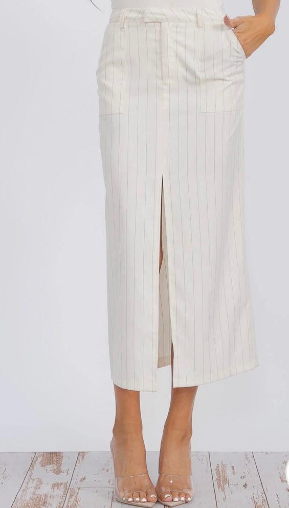 BUTTON CLOSURE POCKETS FRONT SLIT STRIPES MAXI SKIRT