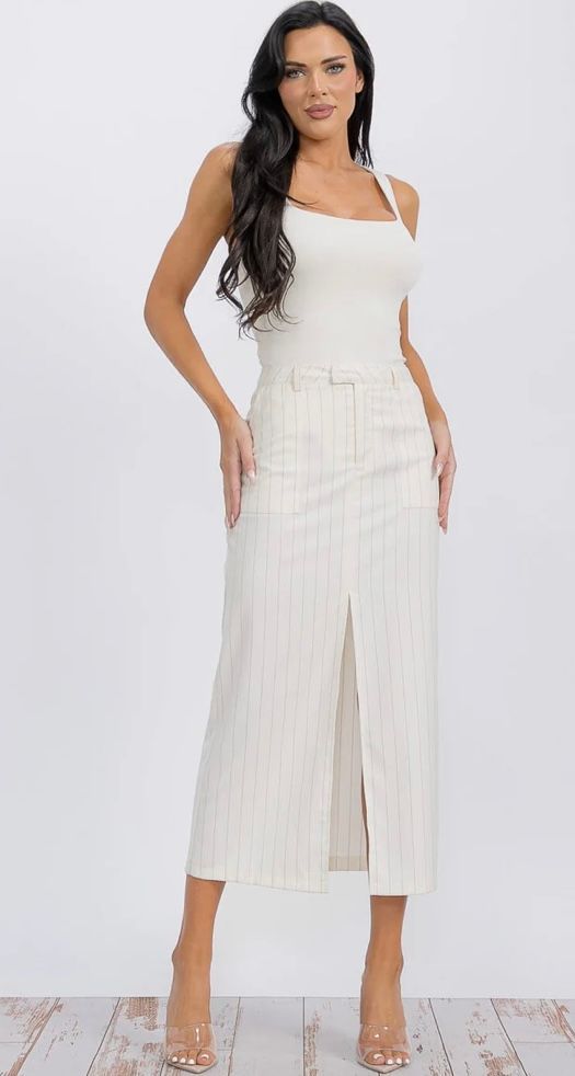 BUTTON CLOSURE POCKETS FRONT SLIT STRIPES MAXI SKIRT