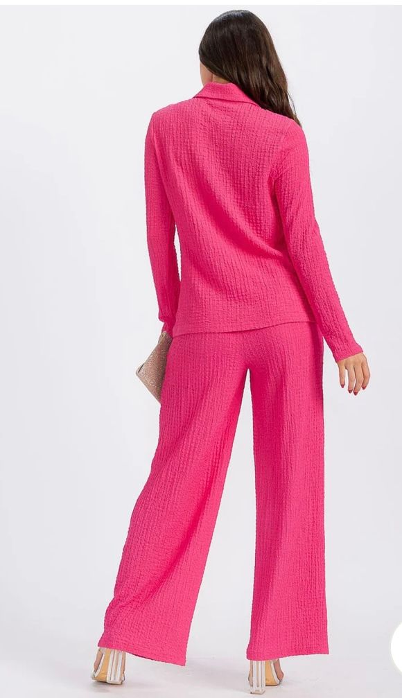 FUCHSIA LONG SLEEVE BLOUSE AND ELASTIC WAIST PANTS