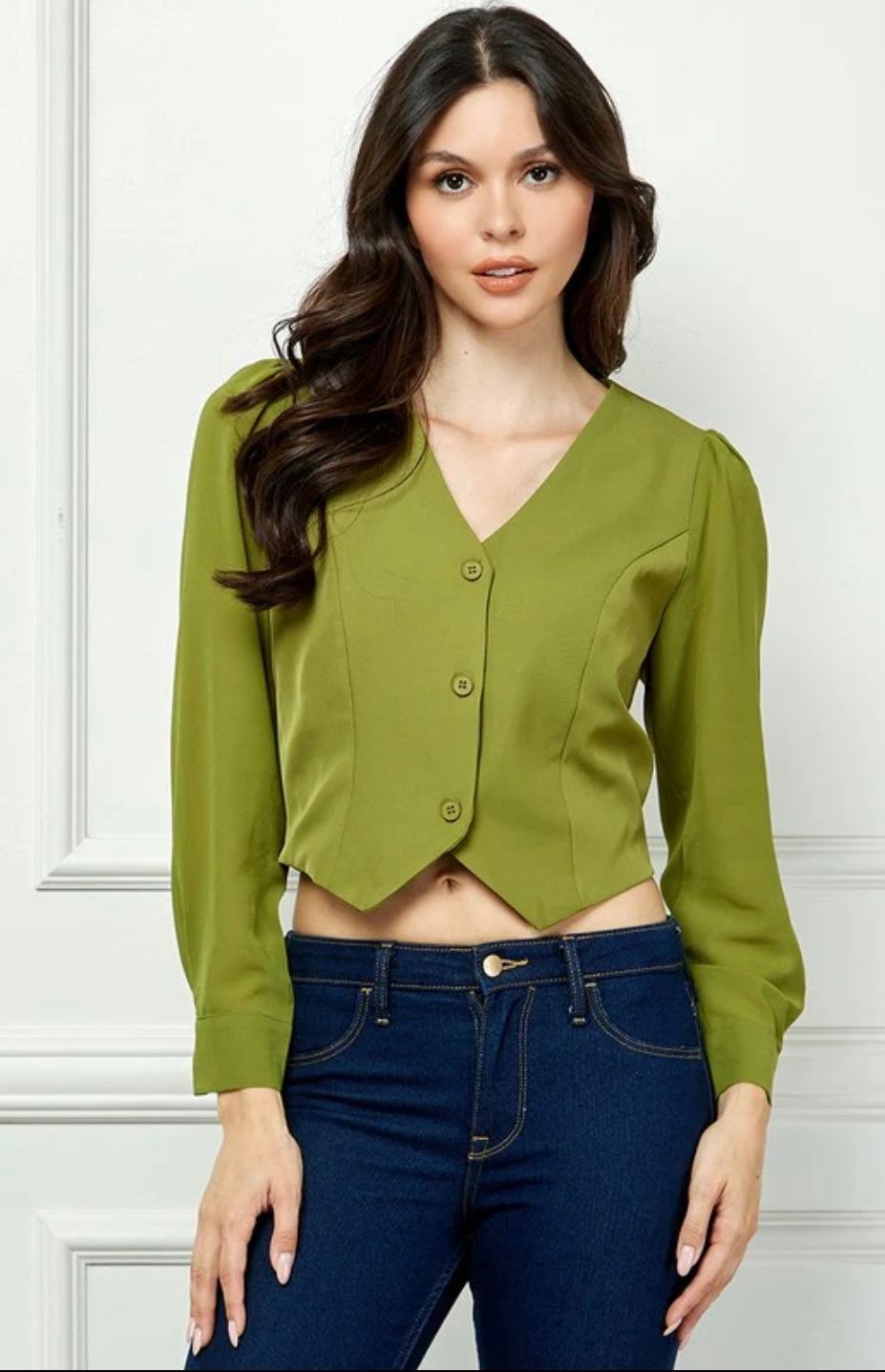 OLIVE LONG SLEEVES BUTTON DOWN TOP