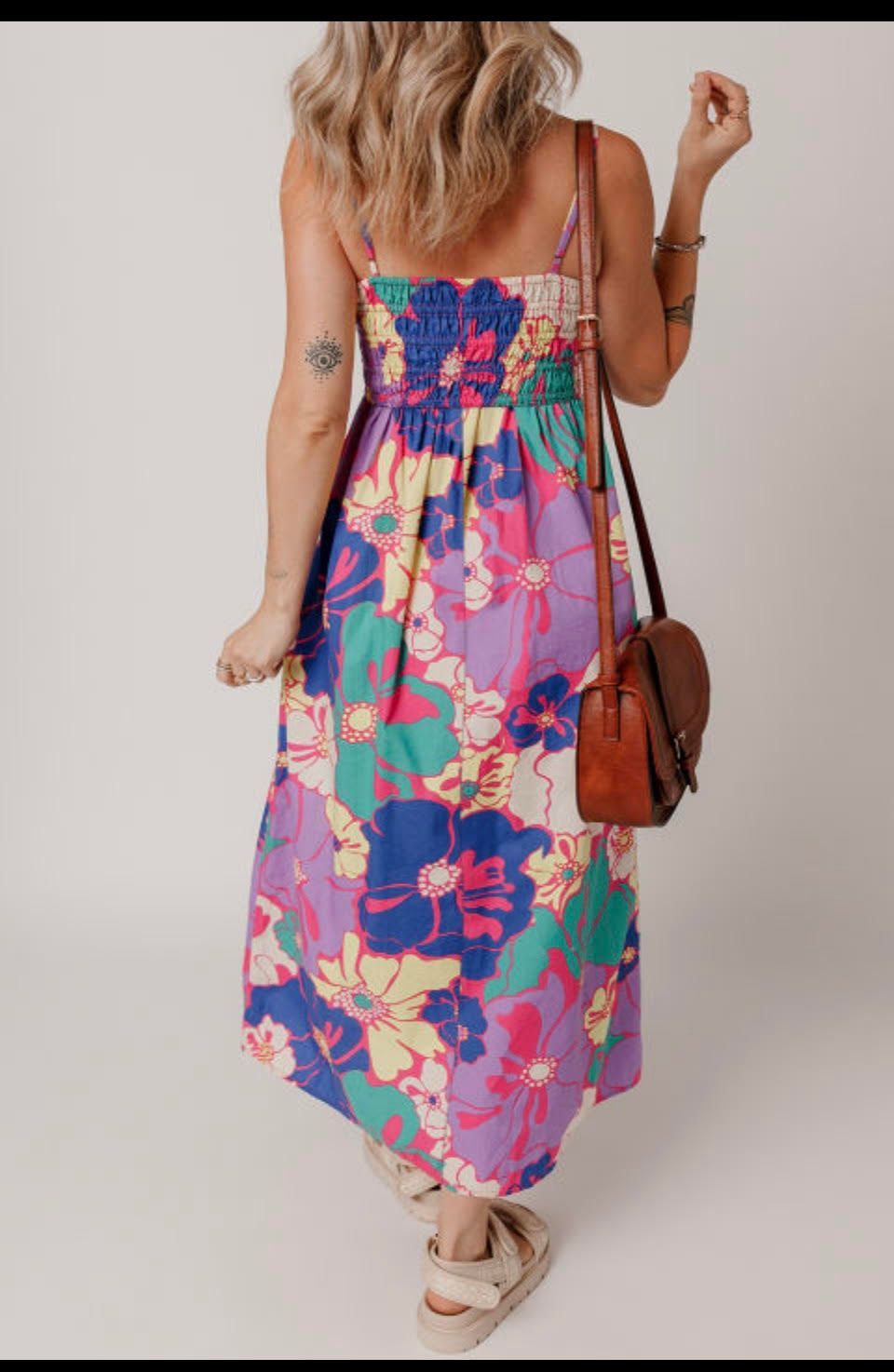PURPLE FLORAL PRINT SHIRRED SPAGHETTI STRAP MAXI DRESS