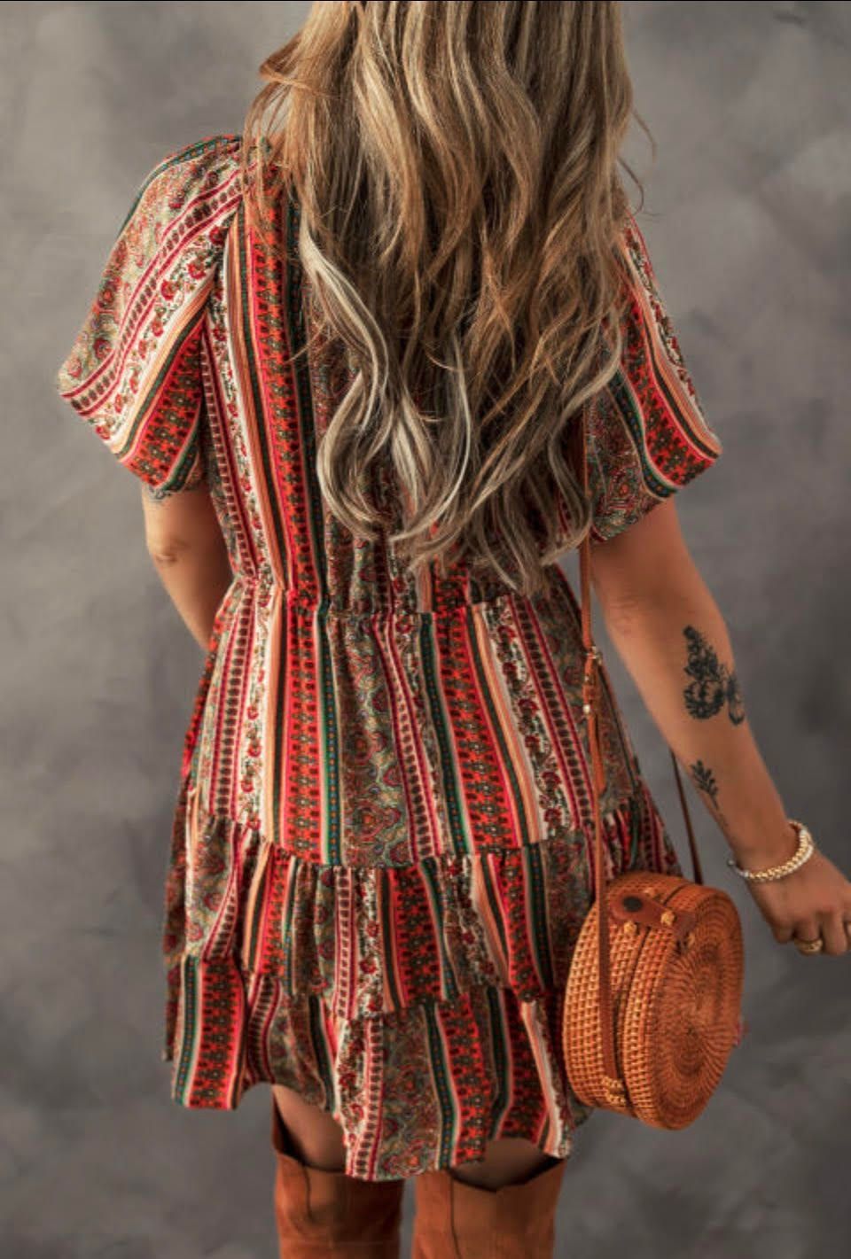 RED BOHEMIAN FLORAL PRINT BUTTONED V NECK DRESS