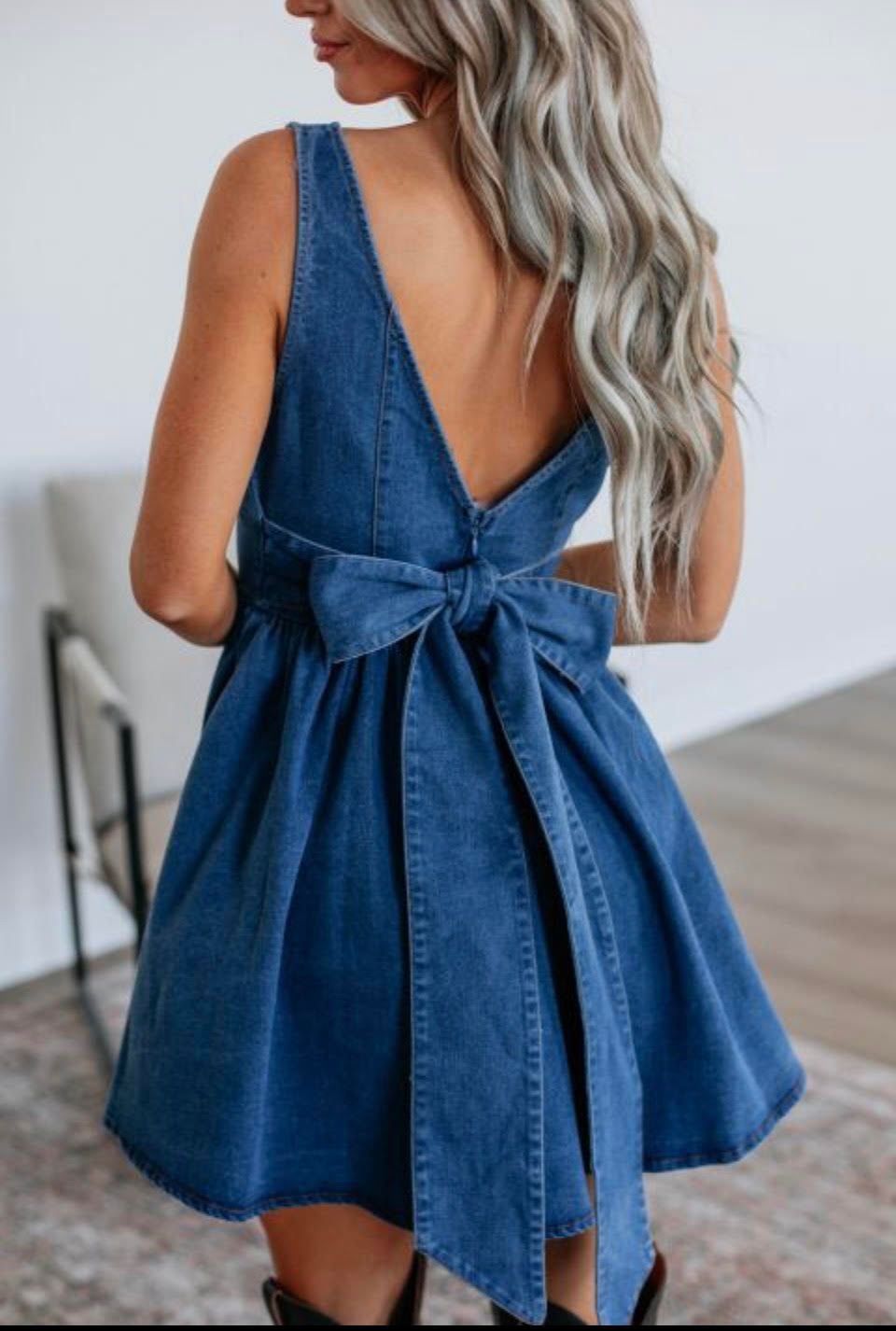 SAIL BLUE SQUARE NECK BOWKNOT SLEEVELESS DENIM DRESS