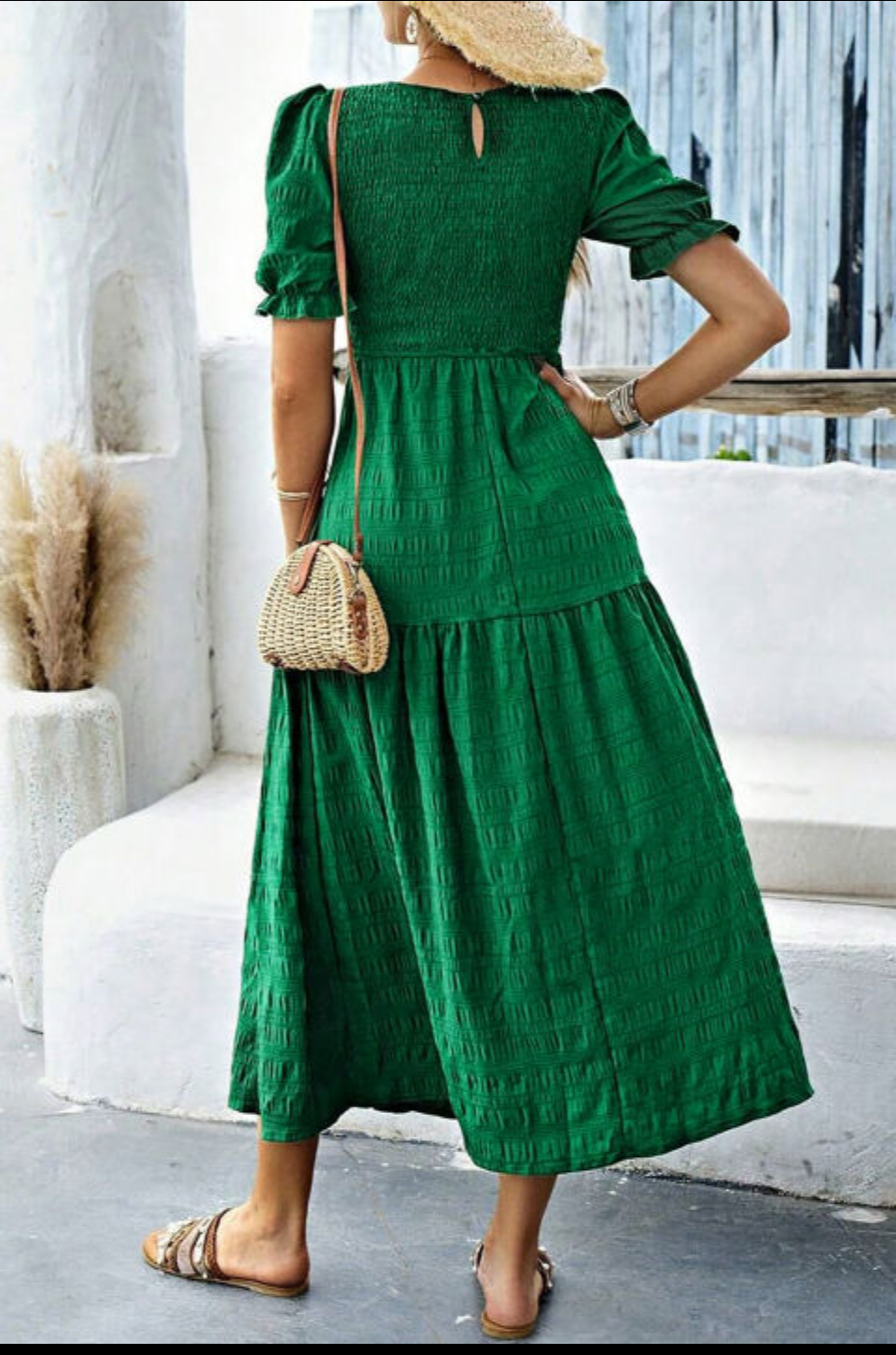 DARK GREEN PUFF SHORT SLEEVE HIGH WAIST DRESS