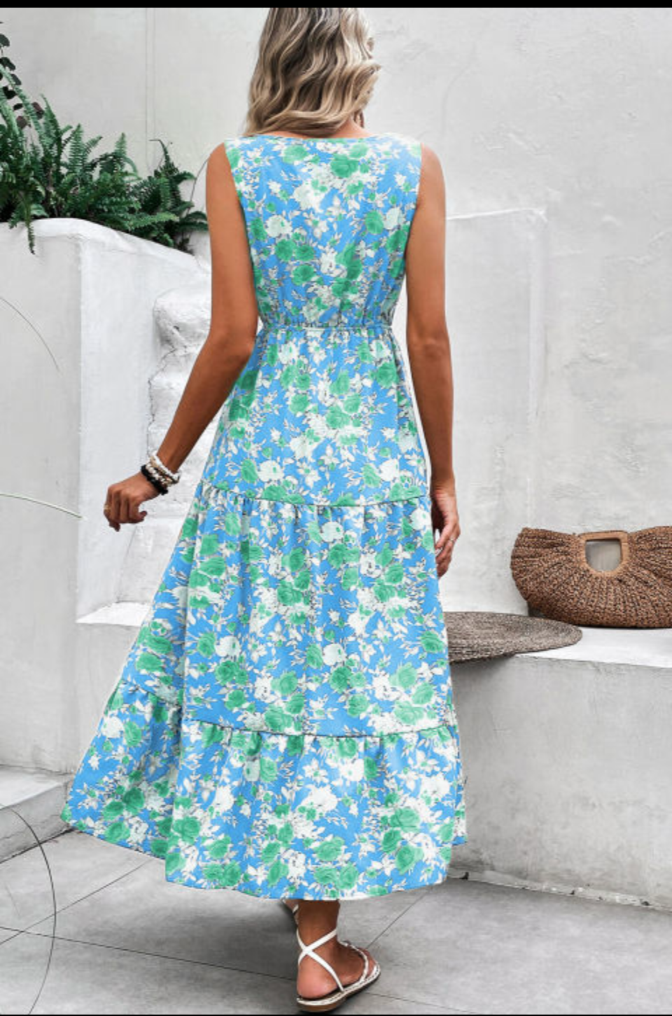 SKY BLUE FLORAL PRINT V NECK SLEEVELESS SUMMER DRESS