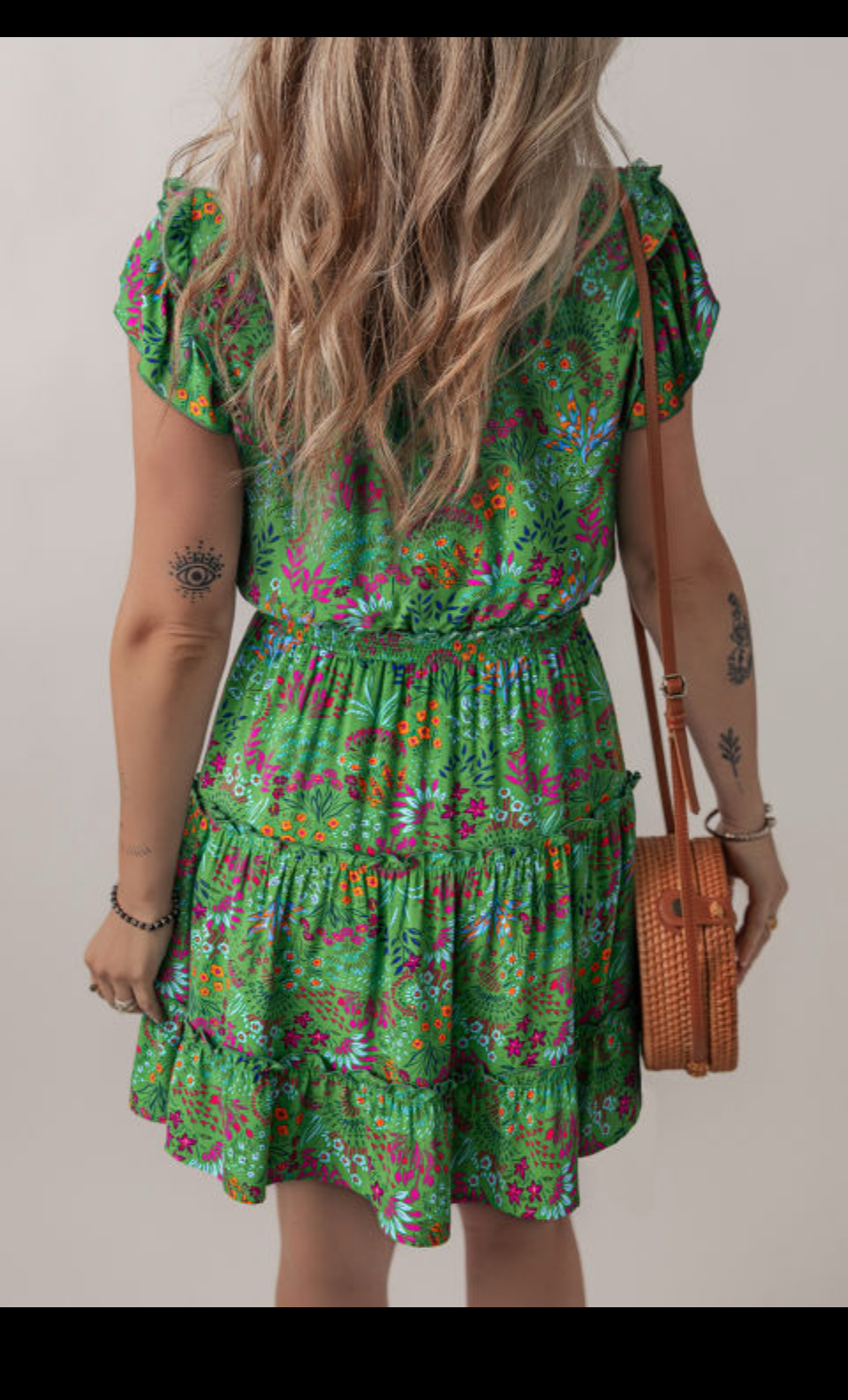 GREEN FLORAL TIE SPLIT NECK FRILLY RUFFLE TIERED SHORT DRESS