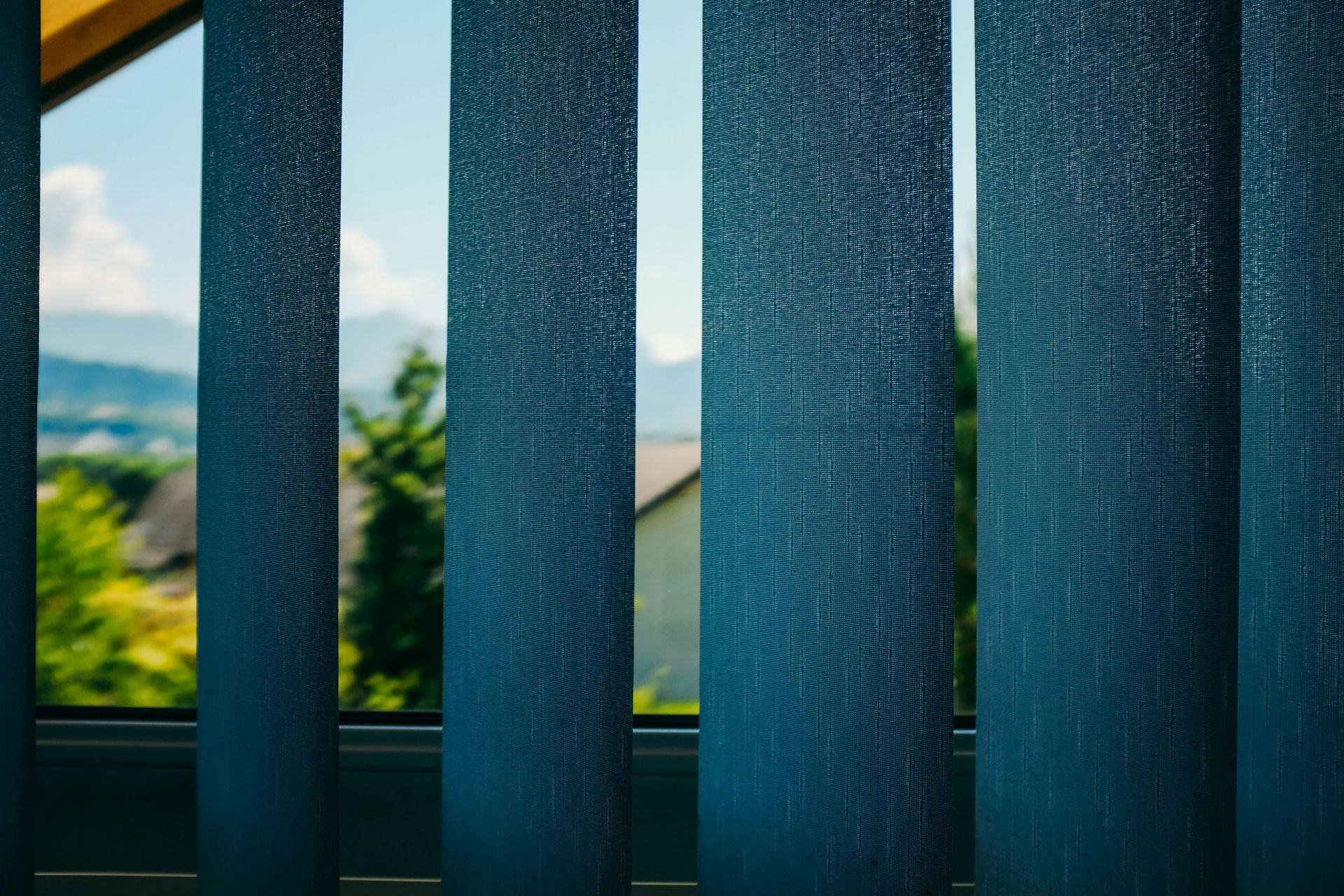 Sunlight filtering through vertical window louvers with a blurred nature background.