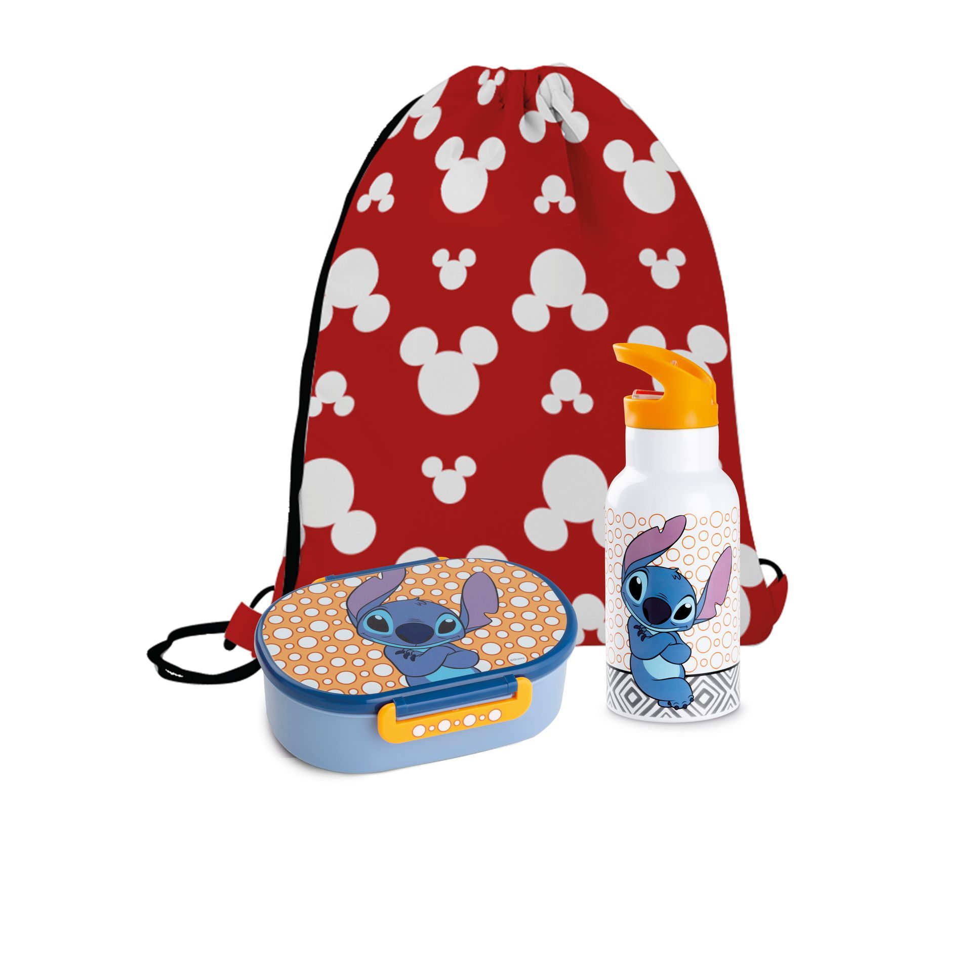 Een Mickey Mouse trekkoordtas, een lunchbox en een waterfles met stiksels erop.